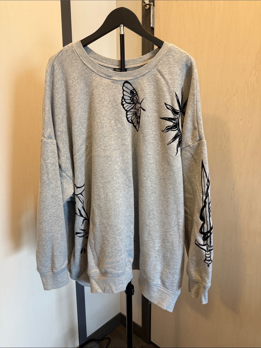 torrid Gray Crewneck Sweater with Black Butterfly & Floral Graphics